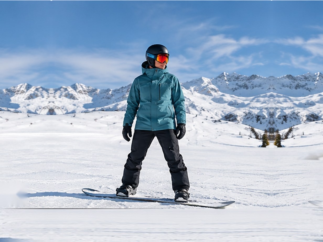 Snowboard üzerinde temel duruş gösteren sporcu.